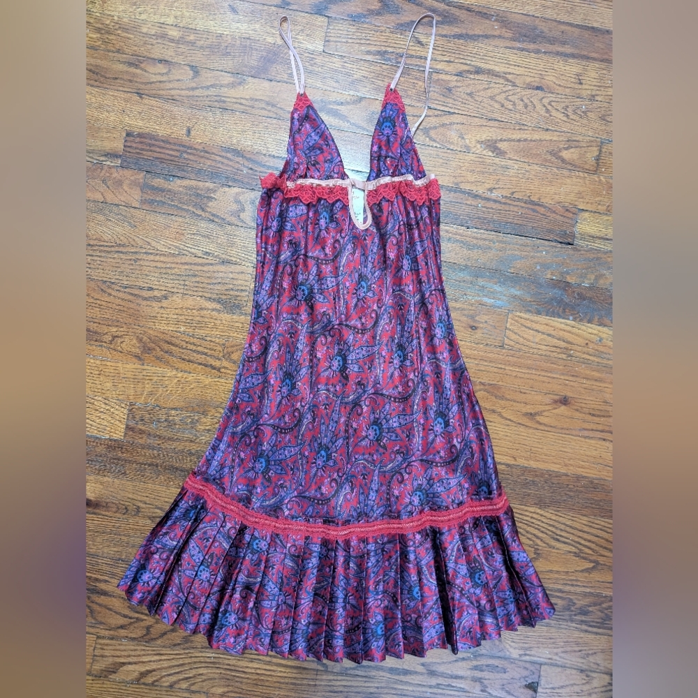 Free People Intimately Silk Babydoll Red Paisley Pleated Slip Dress XS